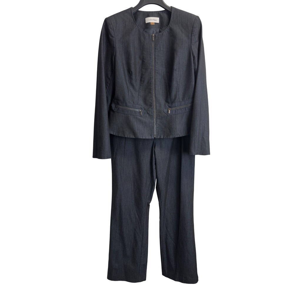 Calvin Klein Womens 10 2 Piece Pant Suit Navy Blue Zip Front Jacket Straight Leg